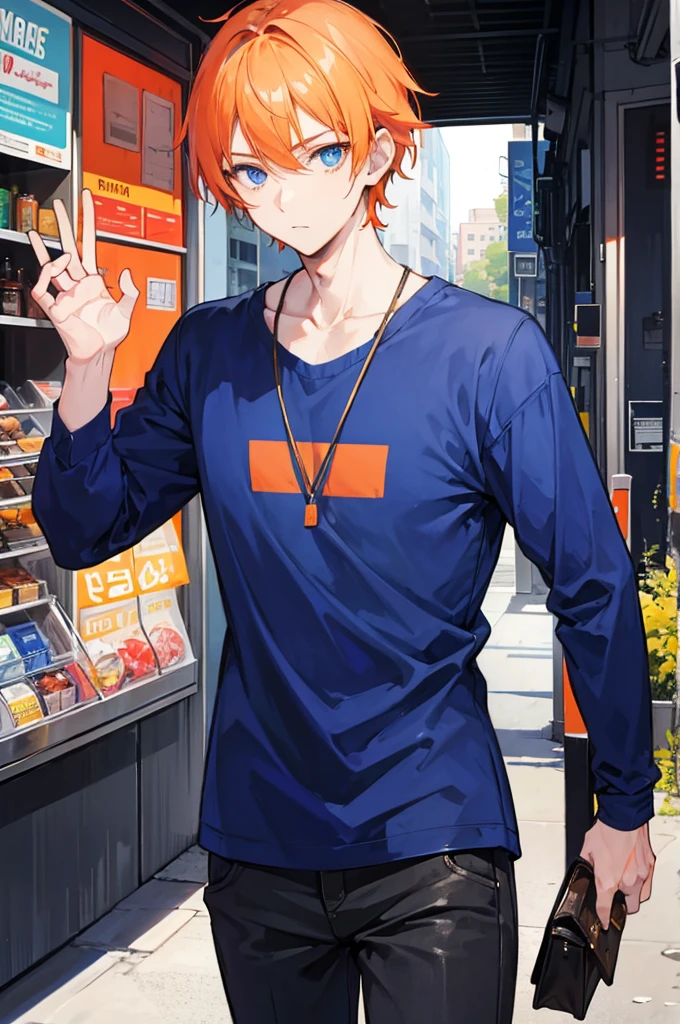Young man, orange short hair, blue eyes, modern style, handsome man, slang, cool boy