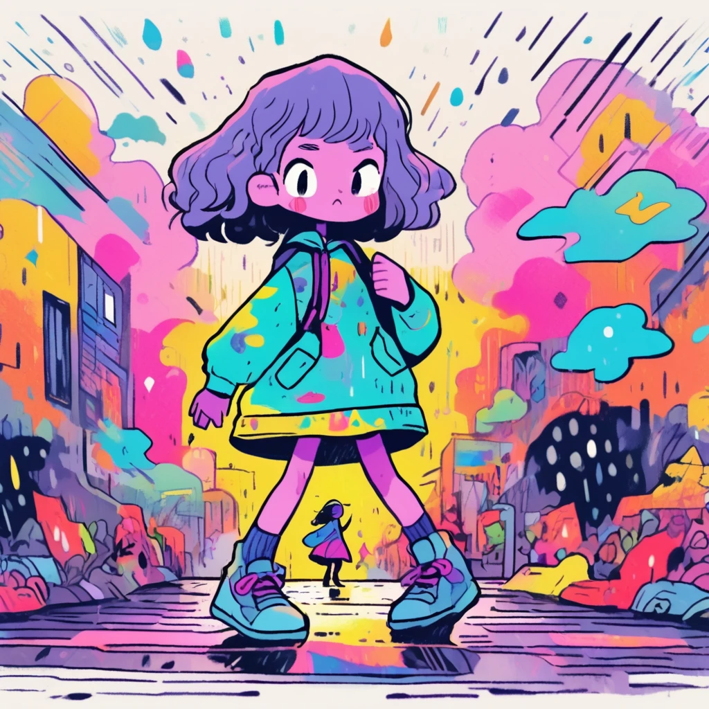 Girl dancing in the rain、Neon color、Pop Art Style、(Highest quality、4K、8K、High resolution、masterpiece:1.2)、Super detailed、(Real、Photorealistic、Photorealistic:1.37)、Bright colors、Dramatic lighting、Rain effect、umbrella、City lights、Motion Blur、Dynamic pose、Colorful Dresses、Glowing neon signs
