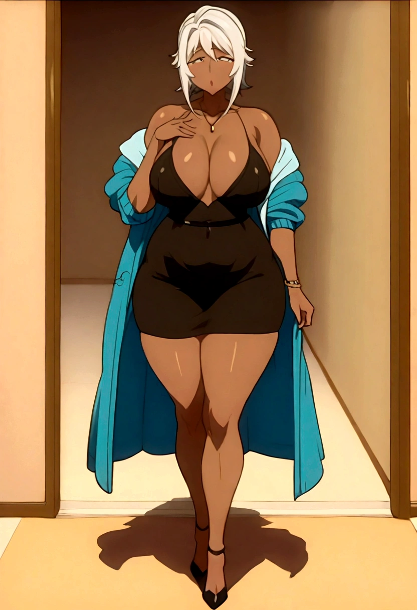 anime character with white hair and blue cape walking down a hallway, Thick, she has a round belly, fat and wavy, big thighs, seductive anime girl, anya from the spy family x, oppai proportions, cuerpo Thick, black anime manga girl, muslos Thicks, full length portrait of a short!, , huge legs towering over you