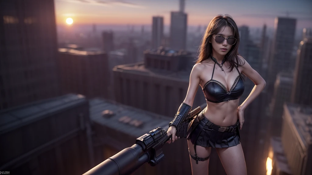 (((At night, ((very dark sunset sky)), (((1girl, solo))), a western woman, photo realistic, large-breast:1.2 slim body, cleavage, off tube top, short pleated miniskirt, standing on rooftop, (matrix style black sunglasses), (((aiming towards viewer with a short:0.8 gun))), half-body thigh level medium:1.2 shot))). In the background, simple aerial view of a sci-fi futuristic city, (((flying vehicle speeding towards viewer))).