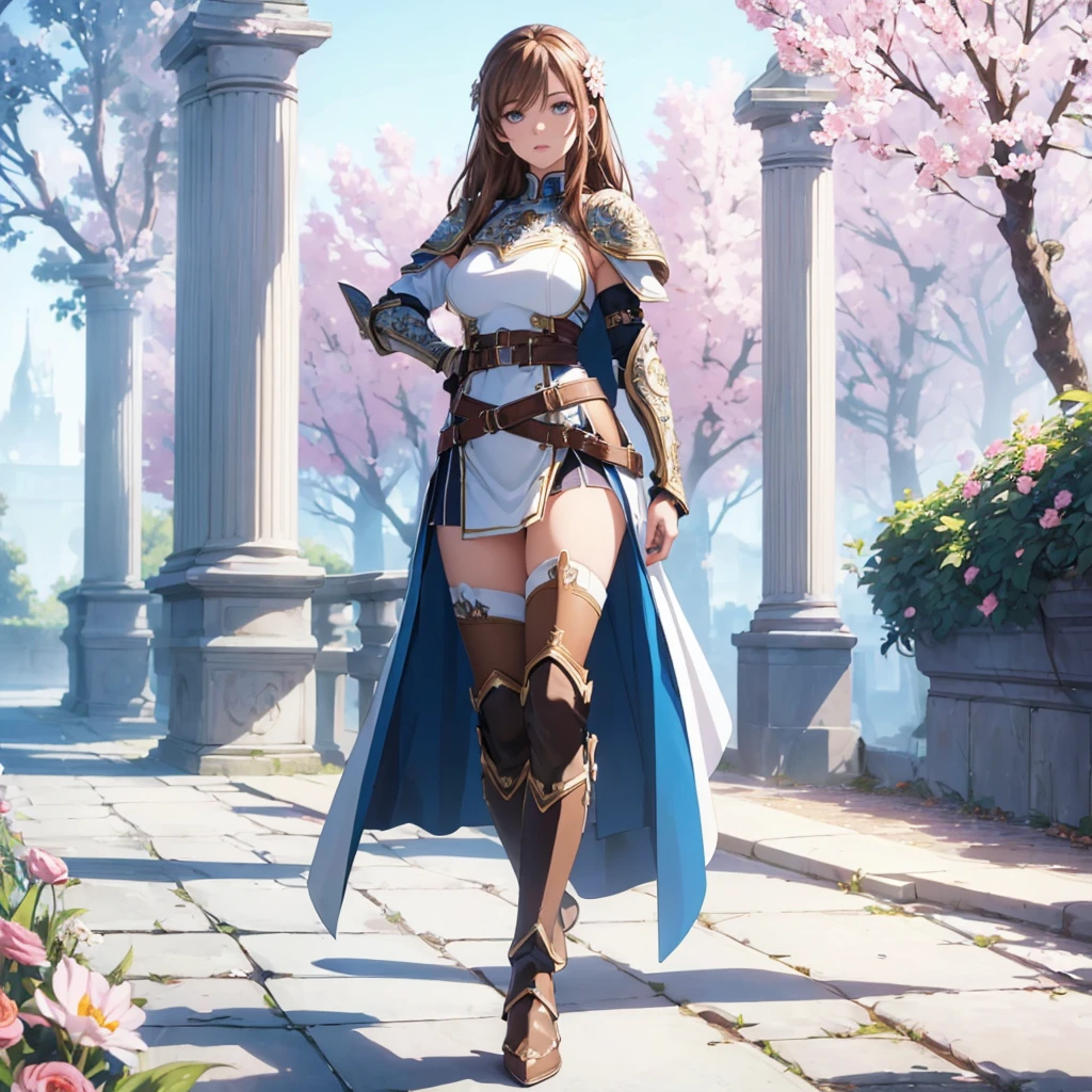((1girl, solo)), right hand on hip, standing, beautiful body, (perfect anatomy, perfect body, perfect hands, perfect legs), natural proportions, sexy body, large breasts, ((full body, full body front)) BREAK
((extremely detailed face)), (beautiful detailed eyes:1.6), (realistic pupils, realistic iris:1), expressive eyes, looking at viewer, (clear eyes:1.3), (hyperrealistic:1.2), (detailed skin texture:1.2), smooth skin, asuna yuuki, (brown hair:1.5), (brown eyes), long hair, braid, bangs, (detailed lips:1.3), (attractive lips:1.1), (glossy lips:1.1), perfect face, perfect eyes BREAK
mini dress, long sleeves, (shoulder armor:1.3), (arm guard:1.3), ((black thighhighs)), knee high boots, armored boots, thighs, zettai ryouiki, belt, cape BREAK
outdoors, day, (garden:1.5), (flower:1.3), (trees:1.3), (shade of trees:1.2), medieval BREAK
(masterpiece:1.5), anime-style, top quality, best quality, (beautiful and aesthetic:1.2), (ultra detail:1.5), Ultra-detailed depiction, Ultra-precise depiction, extremely detailed 8k illustration, high resolution, (highly detailed shading:1.2), (realistic lighting:1.4), perfect lighting, vibrant colors, dynamic tones, striking hues, 8k, absurd resolution, perfect shadows, hdr, UHD, ambient lighting, realistic, ultra-realistic, photo realistic, highly detailed, rich detail, luminous colors, fine texture, intricate design, professional illustration, (soft light:1.2), (illustration:0.7)