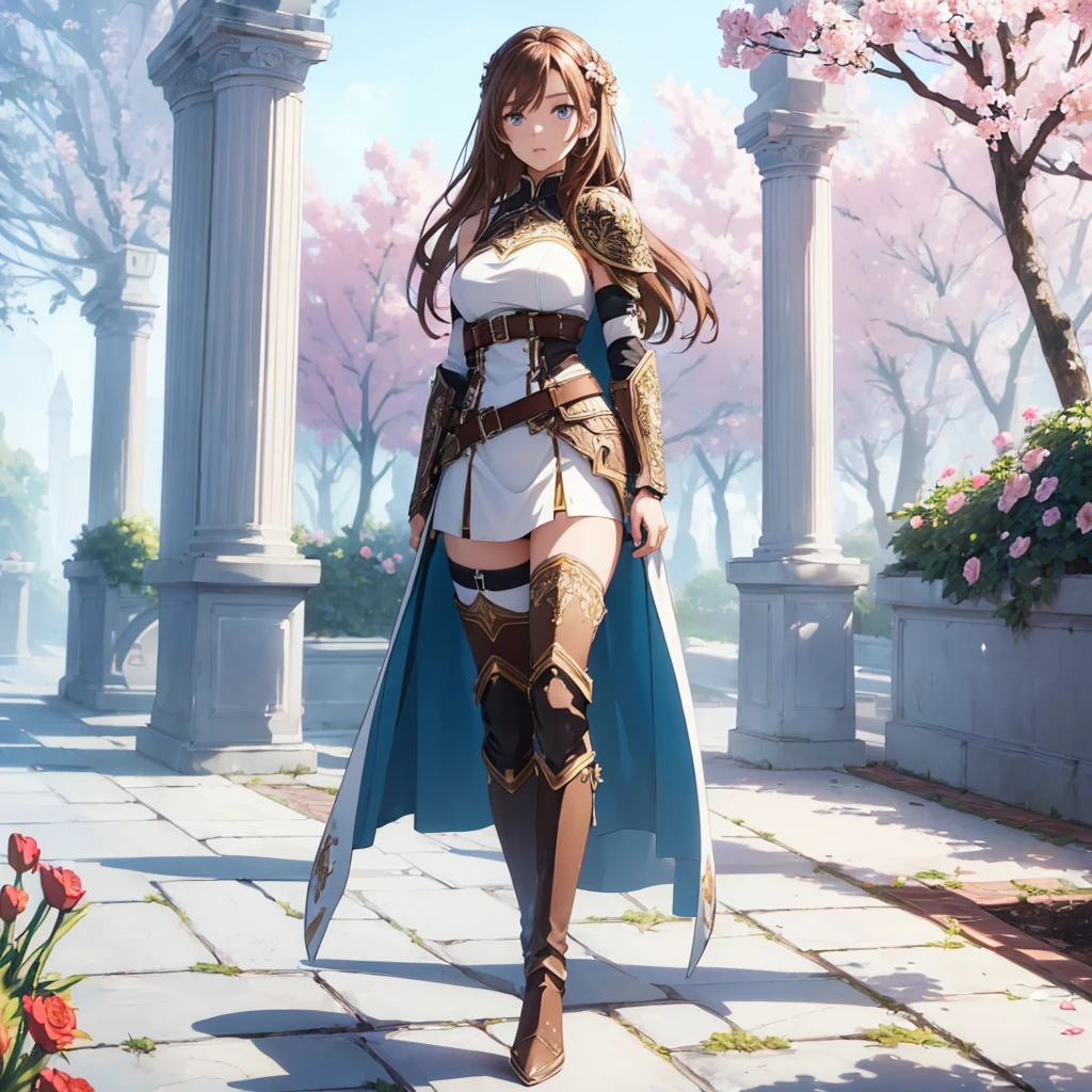((1girl, solo)), right hand on hip, standing, beautiful body, (perfect anatomy, perfect body, perfect hands, perfect legs), natural proportions, sexy body, large breasts, ((full body, full body front)) BREAK
((extremely detailed face)), (beautiful detailed eyes:1.6), (realistic pupils, realistic iris:1), expressive eyes, looking at viewer, (clear eyes:1.3), (hyperrealistic:1.2), (detailed skin texture:1.2), smooth skin, asuna yuuki, (brown hair:1.5), (brown eyes), long hair, braid, bangs, (detailed lips:1.3), (attractive lips:1.1), (glossy lips:1.1), perfect face, perfect eyes BREAK
mini dress, long sleeves, (shoulder armor:1.3), (arm guard:1.3), ((black thighhighs)), knee high boots, armored boots, thighs, zettai ryouiki, belt, cape BREAK
outdoors, day, (garden:1.5), (flower:1.3), (trees:1.3), (shade of trees:1.2), medieval BREAK
(masterpiece:1.5), anime-style, top quality, best quality, (beautiful and aesthetic:1.2), (ultra detail:1.5), Ultra-detailed depiction, Ultra-precise depiction, extremely detailed 8k illustration, high resolution, (highly detailed shading:1.2), (realistic lighting:1.4), perfect lighting, vibrant colors, dynamic tones, striking hues, 8k, absurd resolution, perfect shadows, hdr, UHD, ambient lighting, realistic, ultra-realistic, photo realistic, highly detailed, rich detail, luminous colors, fine texture, intricate design, professional illustration, (soft light:1.2), (illustration:0.7)