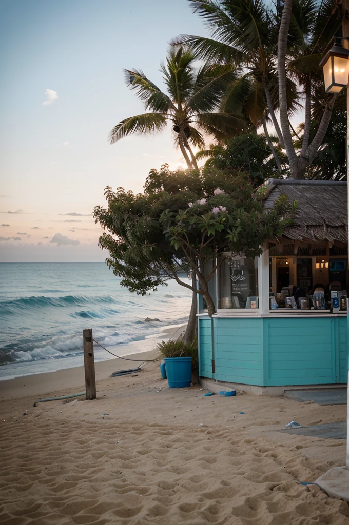 
Coffee shop beside the beach with a stationary camera. The camera should remain fixed, without any movement or change in angle, no panning. Gentle ocean waves, the wind blew the tree gently, swinging lights