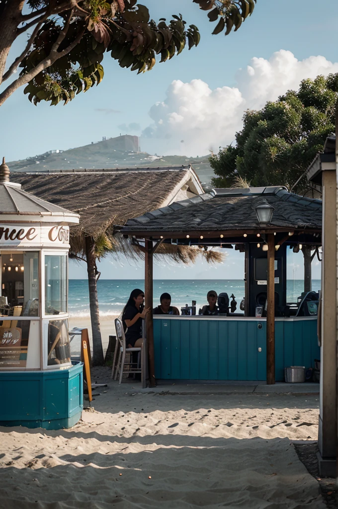 Coffee shop beside the beach with a stationary camera. The camera should remain fixed, without any movement or change in angle, no panning. Gentle ocean waves, the wind blew the tree gently, swinging lights