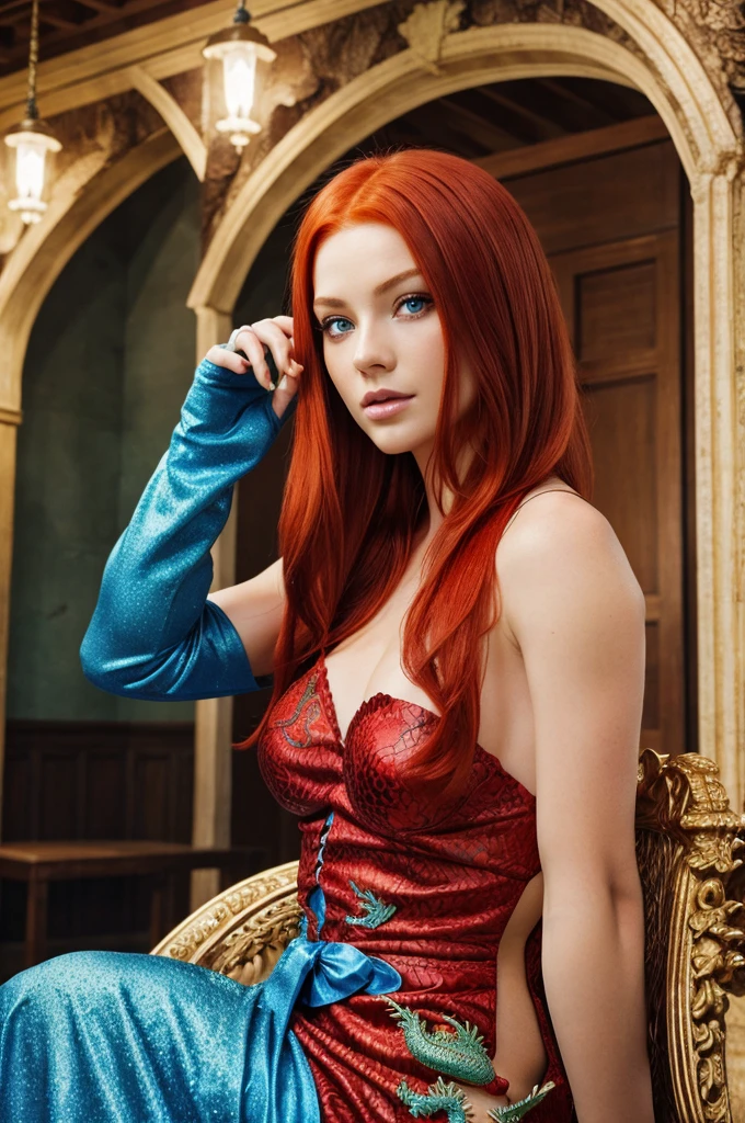 A women red hair eyes are blue hand totoo dragon and looking for queen