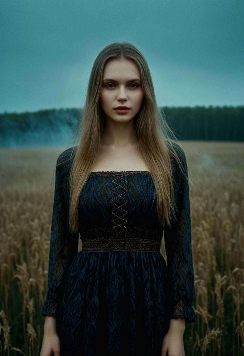 "memories are the water of life" (Misterious mood Soft Lighting Photography), stunning medium format analog photo, TWbabeXL01 beautiful (woman), A beautiful ((evil slavic woman)), pale skin, long dark blond hair, full length, over the shoulde wide view, black over black background, highly detailed, detailed realistic photography, masterpiece half-body photo, finely detailed skin, emotional, professional color grading, epiCPhoto, OverallDetailXL analog grain, Fujifilm Astia, low contrast, OverallDetailXL, dark fantasy, photo dress that has the patterns of burning fire, standing in a foggy field, liminal lighting, dslr, detailed quality, face covered by dark veil