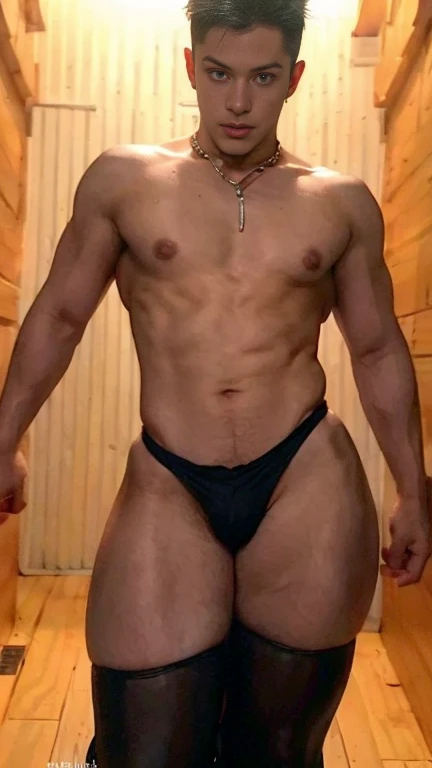 Black hair, Big bulge, very hairy armpits, hairy pubic, hairy crotch, Cute handsome face, In the dirty alley, Zephyr stands bound, WEARING Tiny thong, his wrists encased in supple leather cuffs that accentuate the lines of his forearms. A bondage chest harness adorns his upper body, its intricate design revealing the play of shadows on the exposed skin of his chest. The ambient lighting casts a warm glow, creating an interplay of light and darkness. Zephyr's legs, enveloped in calf-to-thigh leather restraints, add a visual symmetry to the scene. The leather straps, secured with meticulous precision, enhance the aesthetic appeal of his bound form. The absence of a body panel in the chest harness exposes his torso, highlighting the vulnerability and sensuality of the moment. As Zephyr's hair falls slightly disheveled around his face, the room captures the scents of leather and anticipation. The alley becomes a canvas for the visual impact of restraint, each element contributing to the immersive experience. The intricate details of the bindings and the interplay of light create a visually compelling scene, ripe for exploration by an AI image generator. Both Arms behind back, handcuffed.  full bodyesbian , epic reality , epic photorealistic , ultra realism , photorealistic , only male , only boy , full length shot (fls) , wearing sexy micro string thong , arms up, handsome korean boy , (topless) , sex slave. ,bondage collar chain , standing , wide hips , wide pelvis , phat hips. , thick thighs , (warm tone photo) , very tight ,snake eyes, thin lip. Buzz cut hairstyle , (((bell at neck))) , ((tight skindentation))