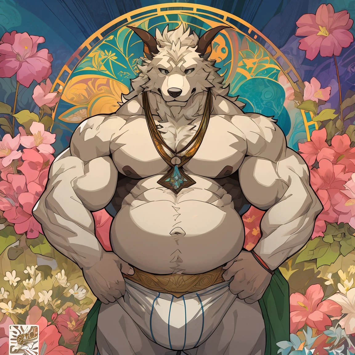 Top quality, best quality, kaleidoscope, rzminjourney, Vector Art, High-quality illustrations by Alfons Mucha, masterpiece(Beast field, Furry personification)Logo, round, Colorful flowers,,Muscular, Giant, huge, fan, Strong, huge的肱二头肌, Massive pectoral muscles, dog, Big bulge, Strong body，Perfect limbs，Mature men（男性可以Pregnant），Pregnant，Extra big belly，Rub your belly，Chubby