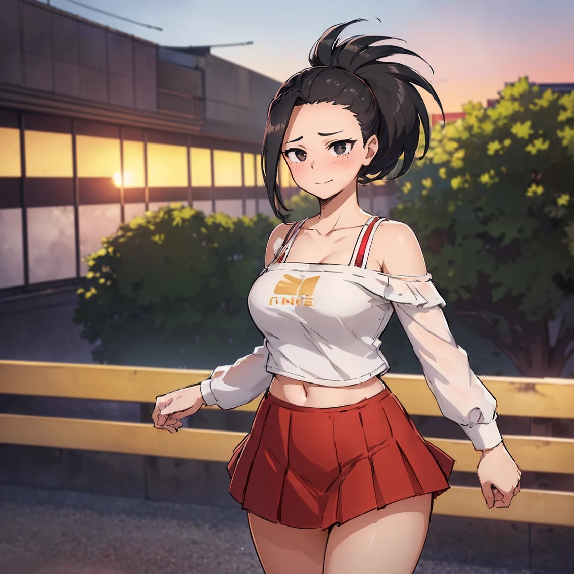 ((1girl)), ((alone)),yaoyorozu momo, ((extremely detailed CG unity 4k wallpaper)), (masterpiece), (ultra quality), (ultra detailed), (best illustration), (best shadow), (extremely detailed), looking at viewer, (absurdities), (detailed background), curvy body, dynamic pose, cowboy photo, large breasts, medium waist, wide hips, wide thighs, round butt,((eyes black, black hair, ponytail, long hair, hair up, white shirt, off-the-shoulder shirt, off-the-shoulder, floral print, long sleeves, red pleated skirt, bare legs, short skirt, collarbone, smile, closed mouth)) , standing, cowboy photo, backlight, ((solo)), ((standing: 1.4, outdoor, park, trees, cityscape, sunset, (serene expression, blushing, ,sexy, closed mouth, sexy pose), looking forward, ((focus on breasts), point of view: (from middle), perfect anatomy, perfect hands,