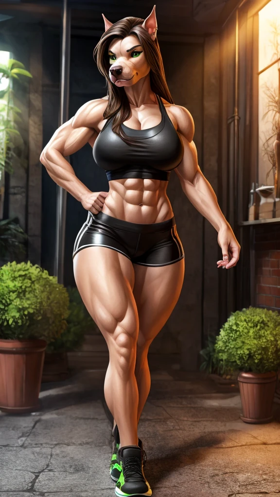 Cartoon black pit bull girl,beautiful detailed,realistic,green pupils,long straight brown hair,(detailed face), (more details, detailed background: 1.1),in a tight top,in mini shorts for running full-length,slender, neat pit bull muzzle,high quality,pumped up,muscular,big breasts, pumped-up wide hips, big ass, abs cubes, slender hourglass figure,small pit bull tail,perfect tail arrangement