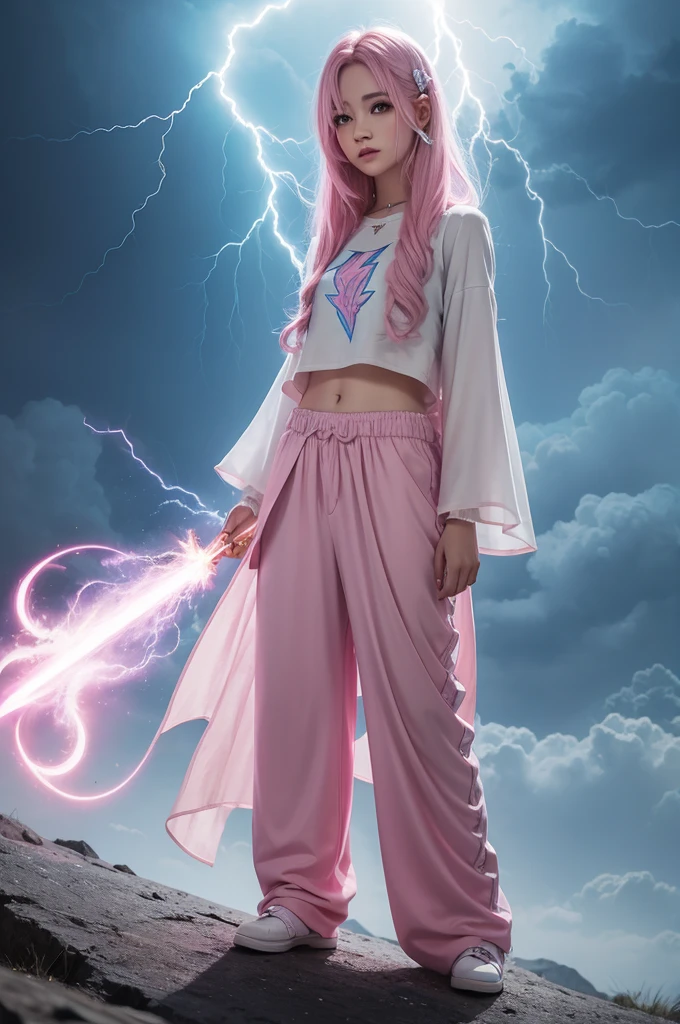 One with pink hair, angelic pants and angelic clothes, blue hair and lightning behind and effects
