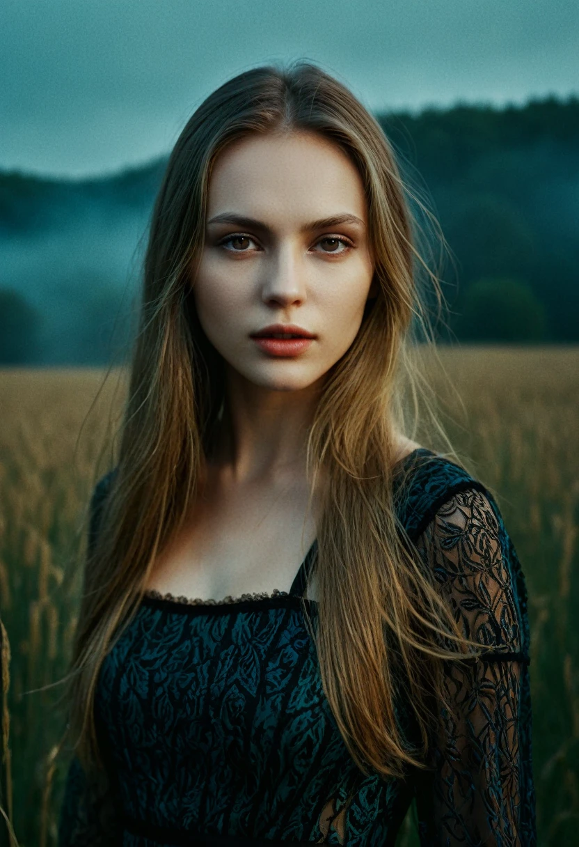 "memories are the water of life" (Misterious mood Soft Lighting Photography), stunning medium format analog photo, TWbabeXL01 beautiful (woman), A beautiful ((evil slavic woman)), pale skin, long dark blond hair, over the shoulde wide view, black over black background, highly detailed, detailed realistic photography, masterpiece half-body photo, finely detailed skin, emotional, professional color grading, epiCPhoto, OverallDetailXL analog grain, Fujifilm Astia, low contrast, OverallDetailXL, dark fantasy, photo dress that has the patterns of burning fire, standing in a foggy field, liminal lighting, dslr, detailed quality, face covered by dark veil
