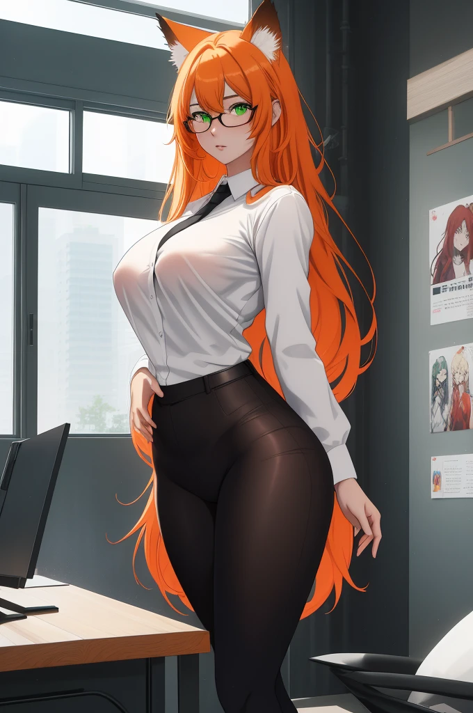 (masterpiece, Best quality), 8K, ultra detailed, realistic photo, Detailed face, perfect lighting, green eyes, bright orange hair, bright hair, fox ears, nice legs, side photo, beautiful, Cute, skin pores, 1 girl, perfect shirt, fully dressed, beautiful women 30 years old, Beautiful proportions, Russian woman, Caucasian, European, Business lady, stunningly beautiful woman, mother, thick legs, show ass, big breasts, (Thin white shirt:1.4), thick, hot, (White Office Wear:1.4), tight pants, (wide hips:1.2), thick, (white Office pants:1.3), spread your legs, Legs open, full length, wide hips, Glasses, with long orange hair, standing on the beach near the ocean, green eyes detailed digital anime art, cat ear, anime girl with long hair, гладкое аниме cg art, anime girl with long hair, digital anime art, work in Guweiz style, Beautiful anime portrait, Photorealistic render of an anime girl, pantyhose, Beautiful anime girl, advanced digital anime art, guweiz на artstation pixiv HD UHD HQ