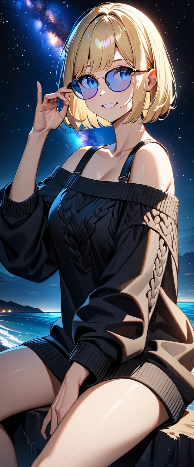 (((a beautiful starry sky, the Milky Way shining beautifully in the night))), ((bare legs)), (((sunglasses, hand to sunglasses))), ((Aran sweater)), ((((from side)))), upper body, ((sitting on the very high cliff)), wavy hair, inward curled hair, sea, beach, ((blond hair, bob cut:1.3)), breasts, teenager, (looking at another), oversized clothes, puffy long sleeves, ((off-shoulder sweater:1.3, Quite thick shoulder straps)), ((black sweater)), collarbone, head tilt:1.3, (((blue eyes))), happy smile, (((anime style))), (best quality, 4K, 8K, highres, masterpiece:1.2, ultra-detailed, ultra-detailed eyes, HDR, uhd, studio lighting, ultra-fine painting, sharp focus, physically-based rendering, extreme detail description, professional, vivid colors, bokeh)