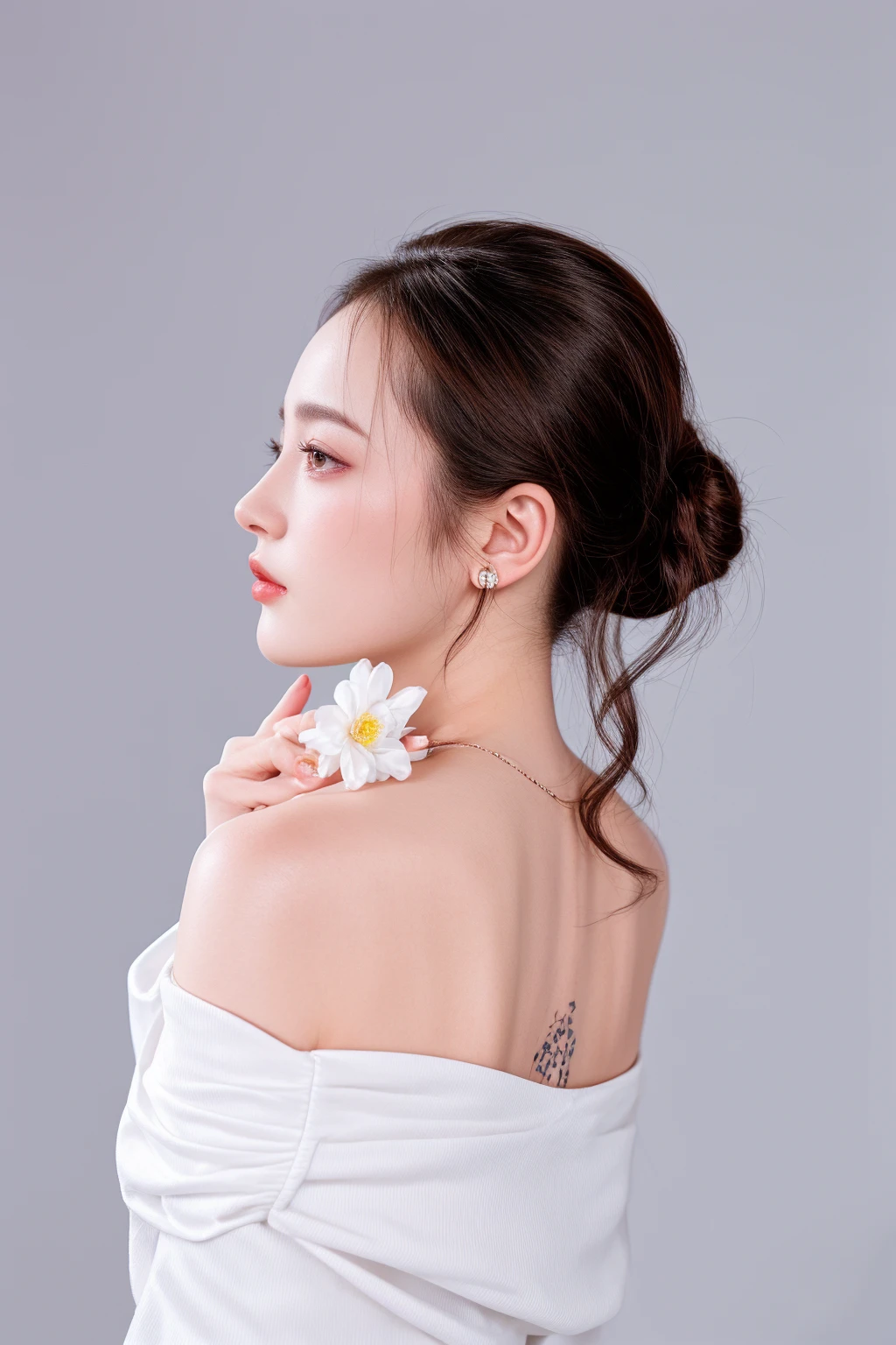 there is a woman with a white dress and a flower in her hand, showing her shoulder from back, young beautiful woman, woman with porcelain skin, elegant profile pose, elegant profile posing, of taiwanese girl with tattoos, a young asian woman, dilraba dilmurat, portrait image, wearing elegant jewellery, a beautiful young woman, milky white skin, profile pose