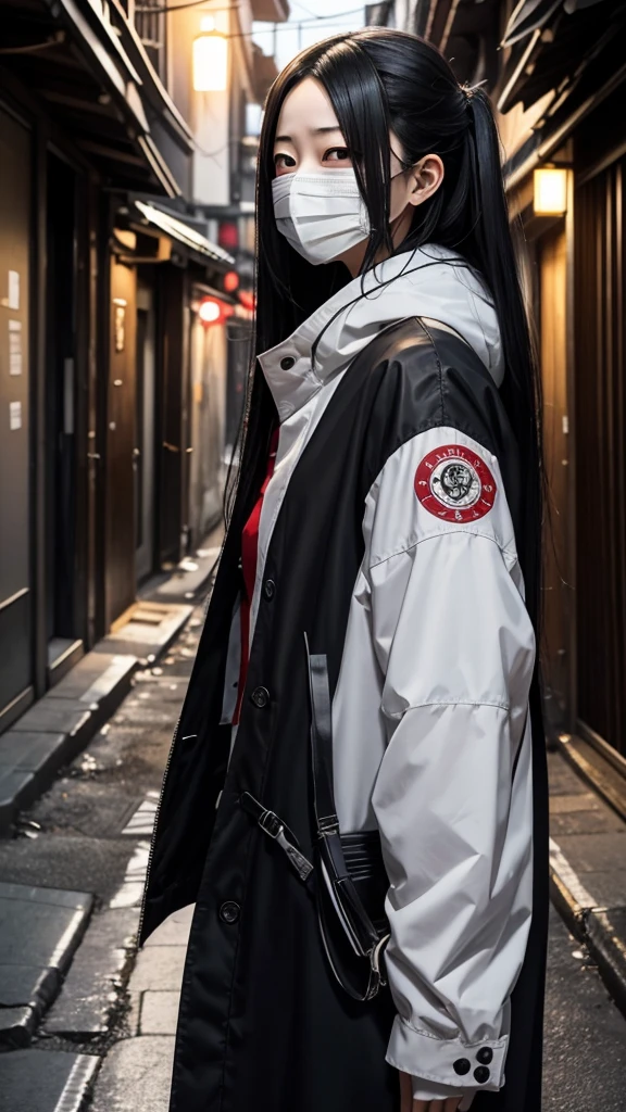 Create a realistic image of Kuchisake-onna。She has long black hair、He is wearing a white mask、Beneath it is a terrifying expression with a split mouth.。The background depicts dimly lit street corners and back alleys.、It exudes an eerie atmosphere。She is wearing a red coat、He has a big pair of scissors in his hand。Please make the image realistic and give a sense of fear overall.。