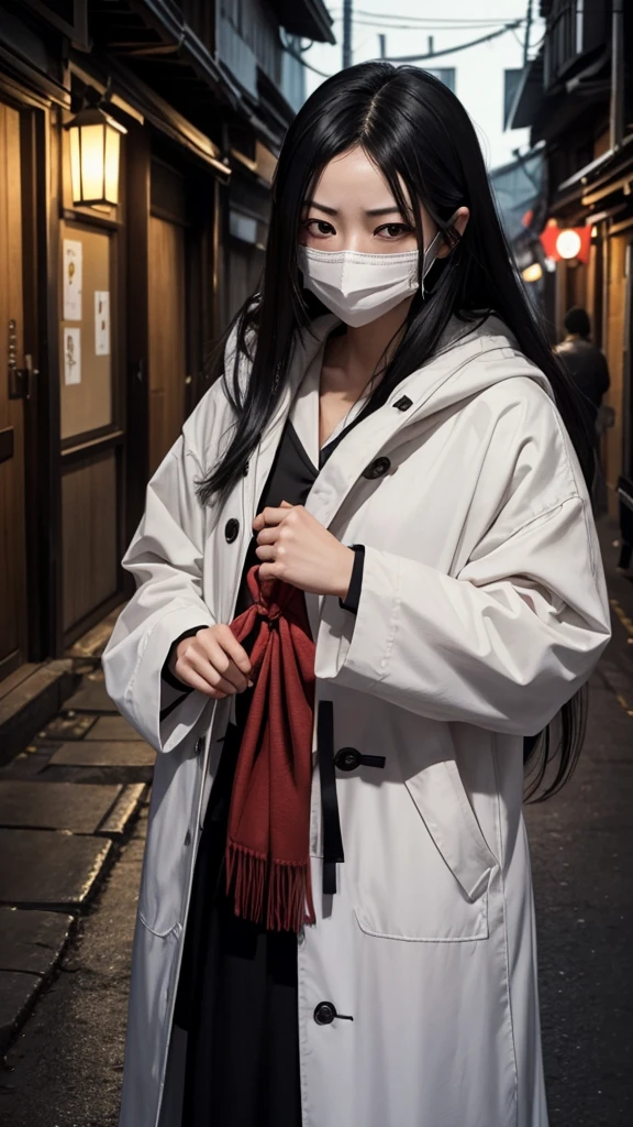 Create a realistic image of Kuchisake-onna。She has long black hair、He is wearing a white mask、Beneath it is a terrifying expression with a split mouth.。The background depicts dimly lit street corners and back alleys.、It exudes an eerie atmosphere。She is wearing a red coat、He has a big pair of scissors in his hand。Please make the image realistic and give a sense of fear overall.。