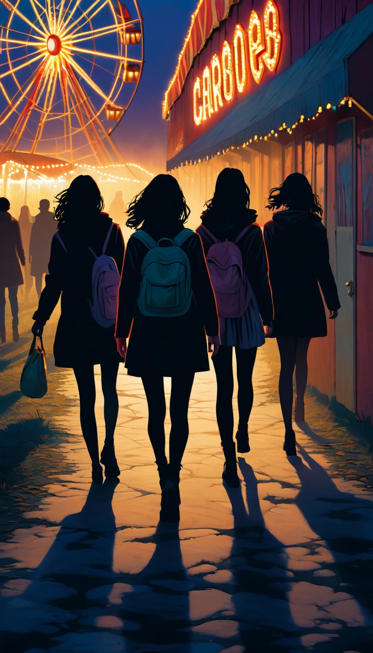 A group of five friends, cautiously entering the abandoned carnival at twilight, with eerie shadows looming around them.