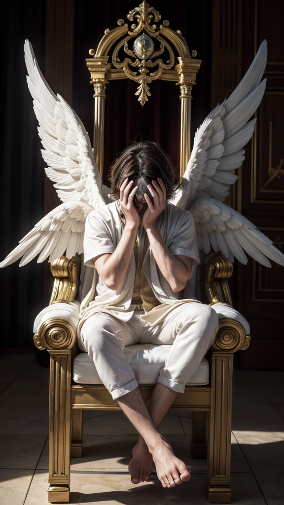 An angel with six wings, two covering his face, two covering his feet and two flying around A sublime throne full of light