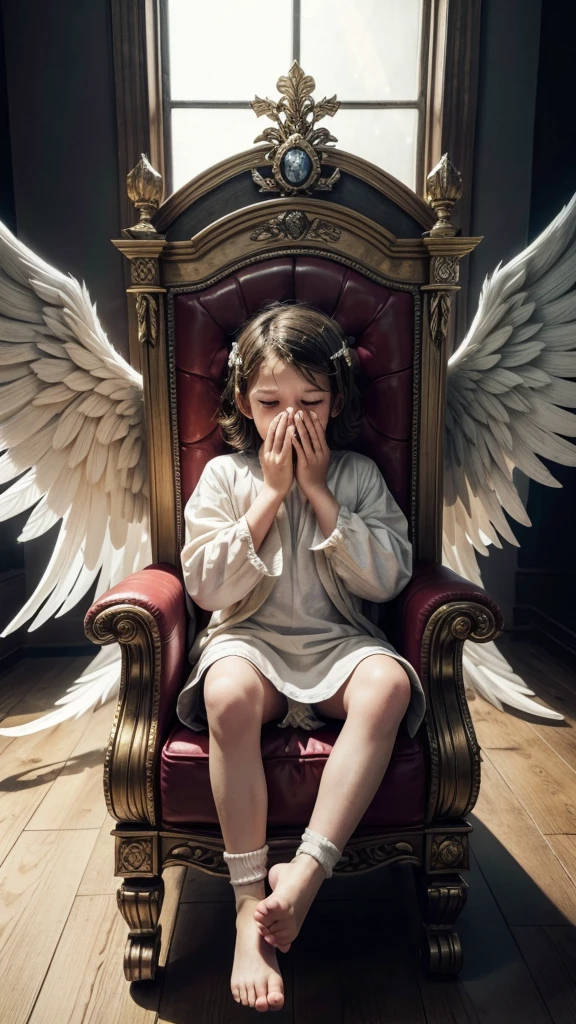 An angel with six wings, two covering his face, two covering his feet and two flying around A sublime throne full of light