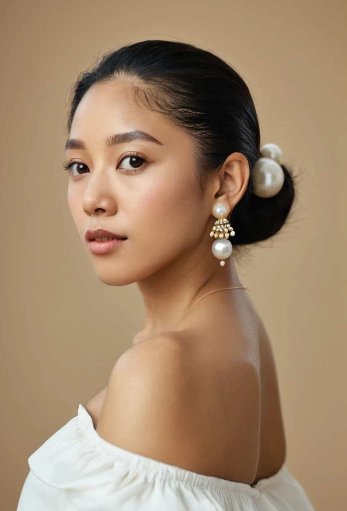 A photo of a woman. Facing forwards, looking back over her shoulder towards the camera. Mixed race woman, Korean Nigerian. Pose is inspired by Girl with a pearl earring. Top pulled down to show a bare shoulder