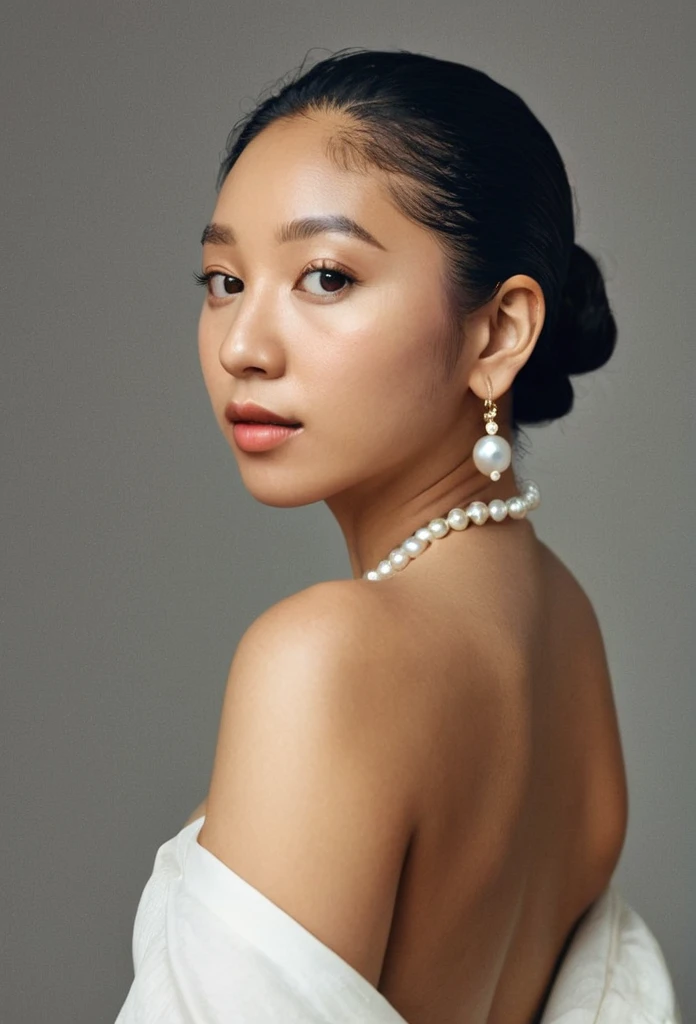 A photo of a woman. Facing forwards, looking back over her shoulder towards the camera. Mixed race woman, Korean Nigerian.  Pose is inspired by Girl with a pearl earring. Top pulled down to show a bare shoulder