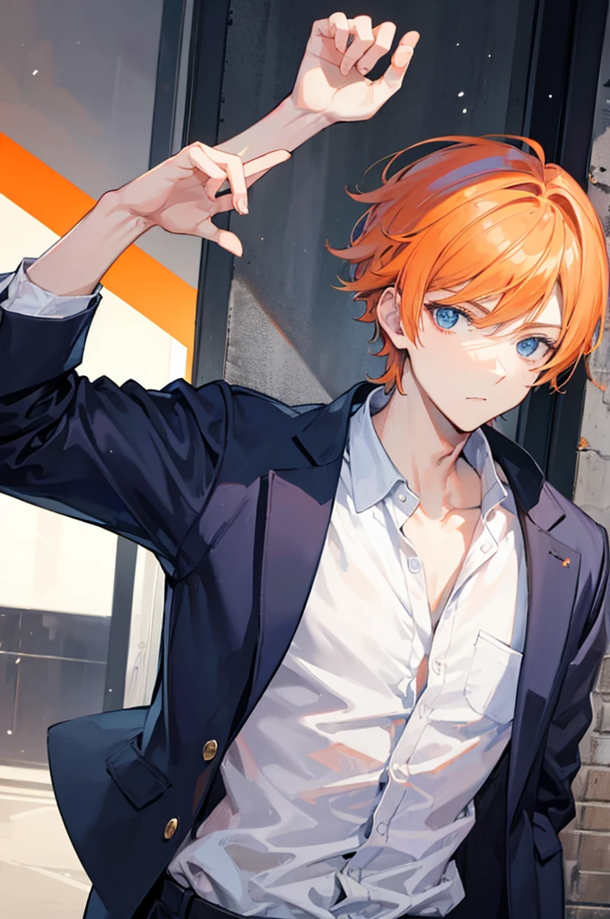 Young man, orange short hair, blue eyes, modern style, handsome man, slang, cool boy