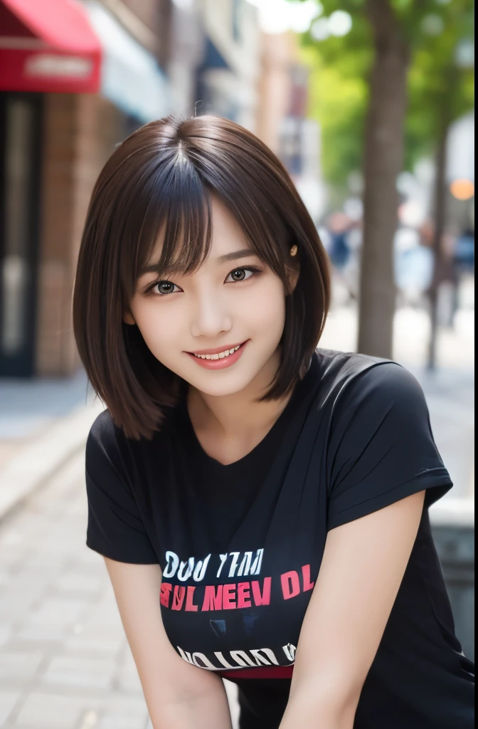 (masterpiece:1.2,Highest quality),Blur the background,One high school girl,((Tshirt)),(Big Breasts),((Sculpture Pose)),Black Short Hair,((Beautiful and beautiful eyes)),Blushed,Healthy Skin,Observe the audience,(smile),(Date in the downtown area),8K resolution