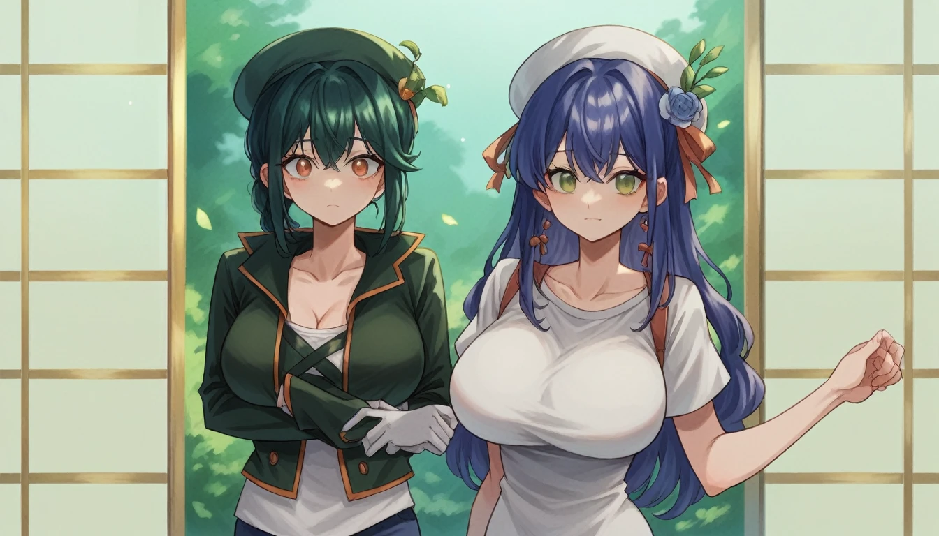 anime characters dressed in costumes standing next to each other, anime style 4 k, two beautiful anime girls, anime girls, anime moe artstyle, stylized anime, anime style. 8k, nixeu and sakimichan, anime lush john 8k woods, anime styled digital art, detailed digital anime art, wlop and sakimichan, anime stylized, big breast, nearly naked