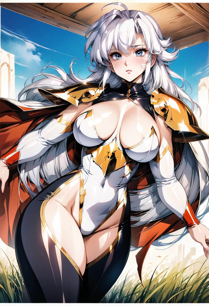 ((highest quality)), ((masterpiece)), ((hyperrealistic)), (detailed background), anime style, solo, 1girl, ((curvy: 1.2)), kawaii, paladin, ((Lamé racing leotard)), ((catsuit)), (shoulder armor), (breastplate), cloak de cour, white hair, ahoge, ((huge breasts)), (zettai ryouiki black knee socks), (thighs), (groin), beautiful eyes, perfect face, Perfect hands, perfect fingers, Blue sky and grassland,