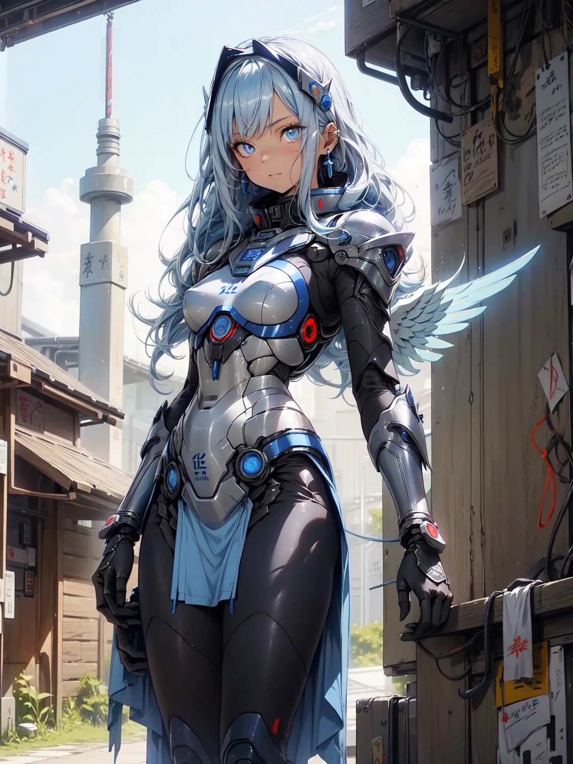 (Subtle manga style:1.1), Cool Beauty, (One Woman:1.0), (20-year-old:1.0), (Small breasts:1.2), Outdoor, Day, sunny, Outdoorで飛ぶ, Over European cities, (Wide Shot:1.0), (Written boundary depth:1.1), (From the side: 0.7), (From above:1.0), Blake、(Anime Face:1.0), (Clear blue eyes:1.0), (Cybernetic Genoid:1.1), (Very detailed mech suit:1.3), (Blue Gothic Breastplate:1.2), (Long silver hair:1.0), (Blue Luxury Wizard Skirt:1.3), (Decorative embroidery:1.0), (Angel Wings:1.1)