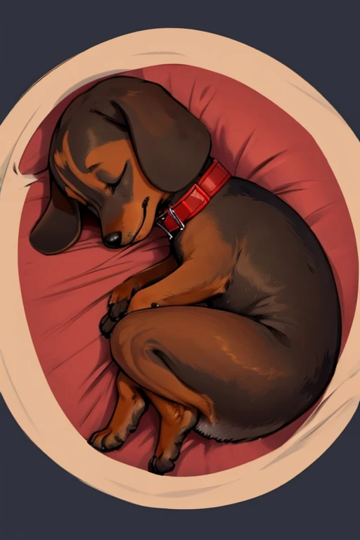 hight quality, Uplifting, a dog only, Miniature Dachshund, black, a red collar, sleep in a  bed, close eyes, curl up in a circle