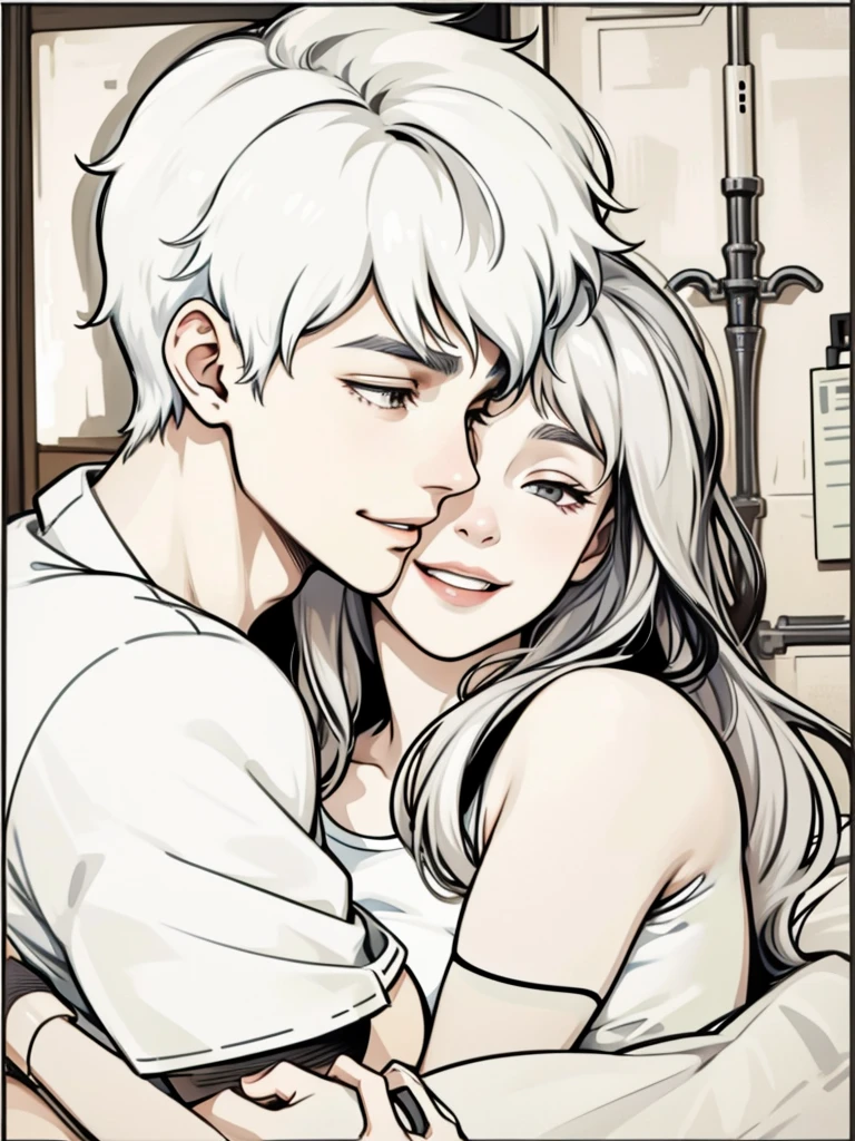 17 year old young man with gray hair and a girl who is his girlfriend, they are hugging and greeting each other, they are happy, smiling