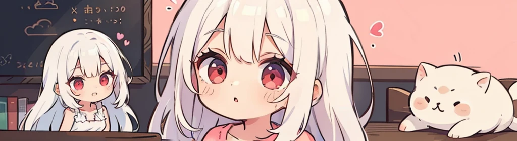 ((((1girl:1.5)))), white hair, red eyes, long hair, (collarbone:1.4), (2d, chibi, cute, cute, small , big eyes), skin color white, think about something, background/(in the room ,modern pink girl&#39;s room, bed, Soft mood lighting), a single rose