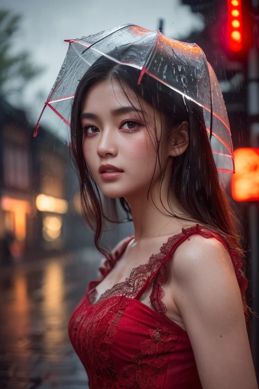 ((Highest quality, 8K, lace maxi dress, Standing in the rain, Red Light District, Highly detailed face and skin texture, Fine grain, double eyelid.)