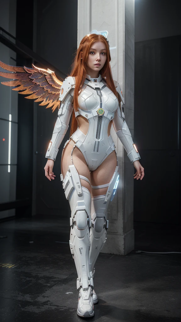 ((masterpiece, best quality, extremely detailed), volumetric lighting, ambient occlusion, colorful, glowing), 1girl, solo, young woman, (red hair), long hair, halo, aura, sacred, godness, cyber suit, android, bot, big angel wings, full body