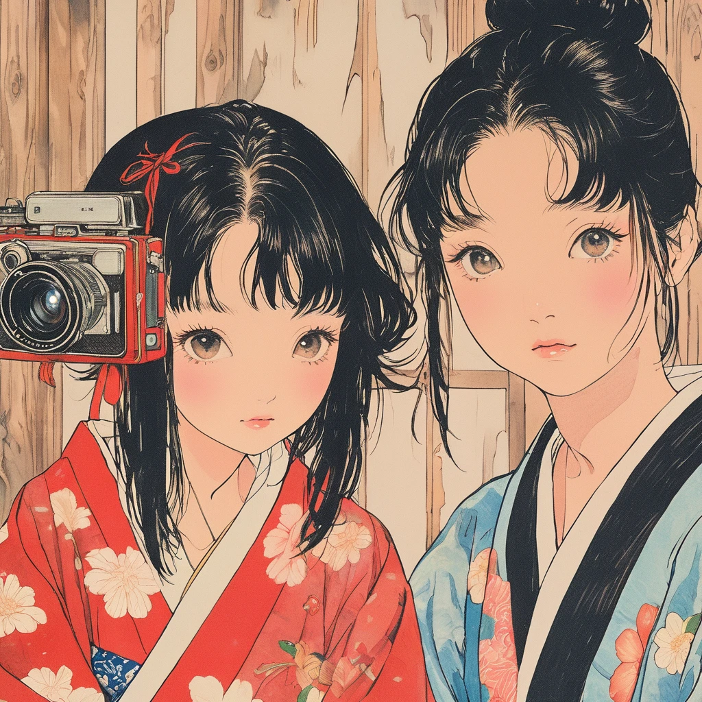 masterpiece、8K、32K、highest quality、(Detailed both eyes)、(cute japanese woman、bangs:1.3)、23 years old、1 girl、elegant、black hair、(retro、film camera:1.4)、(huge boobs:1.2)、hostel、(yukata、footbath:1.3)