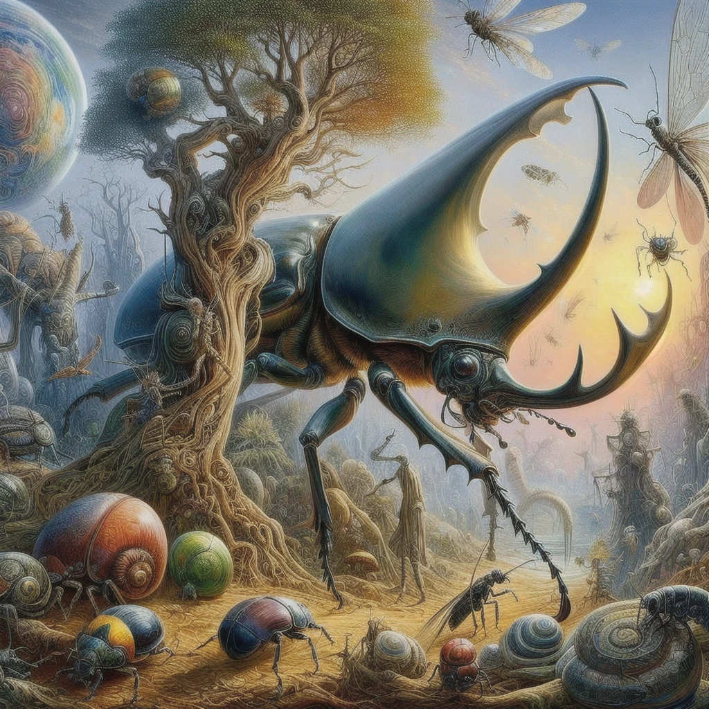 A drawing of a giant beetle and lots of bugs and other insects, Science fantasy painting, Insect-like, Inspired by Brian DeSpain, Surrealism and fantasy art, Fantasy Surrealism, Inspired by Rodney Matthews, Spectacular surrealism 8k oil painting, Super super real, Surreal art, Surrealist artwork, Wide angle fantasy art, 4k surrealism, Jacek Jelka and Vladimir Kusz, Surrealist art