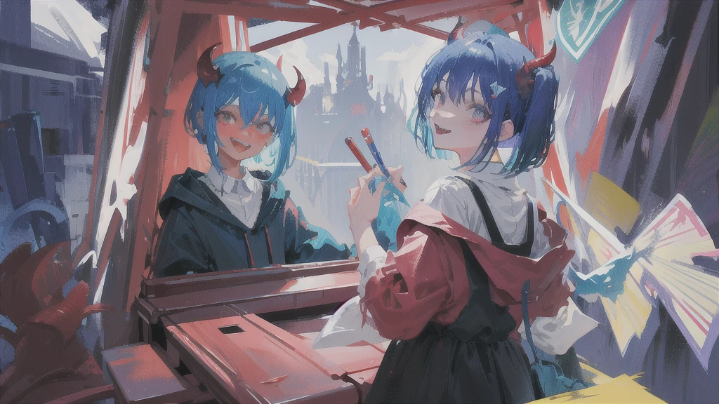 Close-up of color painting of a devil with a big mouth, Psychedelic Laughing Devil, Scary color art in 4K, Colorful and sinister background, Blue Hair、Short bob hairstyle、He's also wearing a black t-shirt、Black on the neckチョーカー、penguin、penguin、Psychedelic space horror, Hypercolor Digital Art, Vibrant colors、Attention to detail, Colorful explosions, Colorful horror art, Colorful Film Art, Colorful illustration, Vivid neon ink painting, Incredibly detailed color art