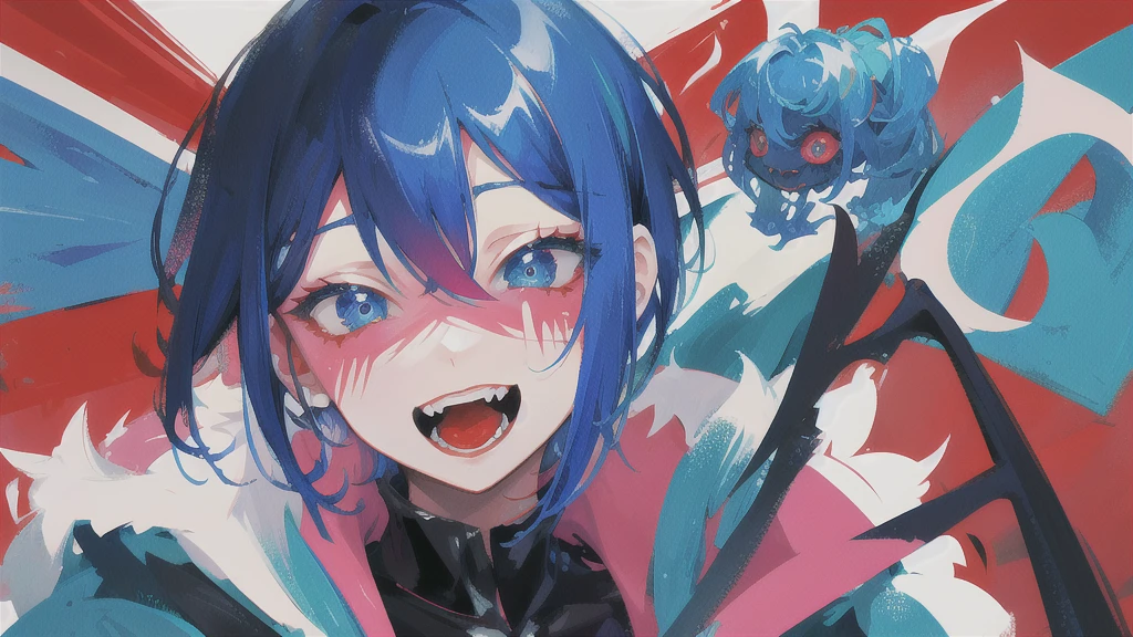 Close-up of color painting of a devil with a big mouth, Psychedelic Laughing Devil, Scary color art in 4K, Colorful and sinister background, Blue Hair、Short bob hairstyle、He's also wearing a black t-shirt、Black on the neckチョーカー、penguin、penguin、Psychedelic space horror, Hypercolor Digital Art, Vibrant colors、Attention to detail, Colorful explosions, Colorful horror art, Colorful Film Art, Colorful illustration, Vivid neon ink painting, Incredibly detailed color art