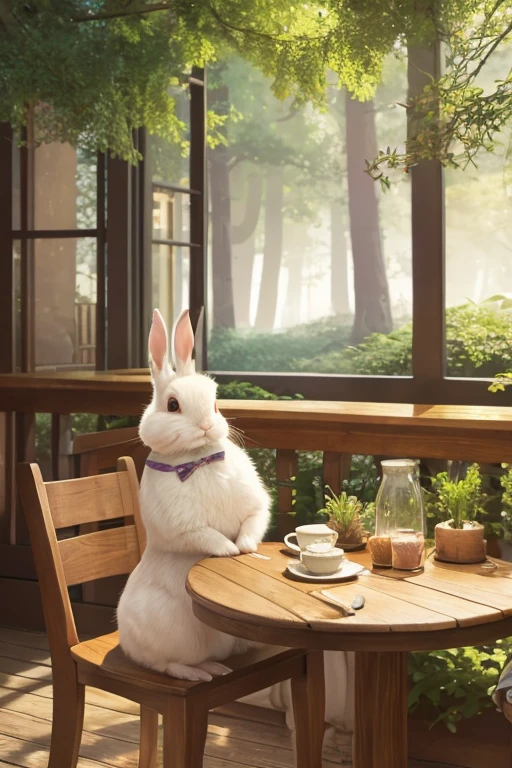 A rabbit is sitting on a wooden chair in a forest cafe　Fantasy　Picture book style　Pastel drawing
