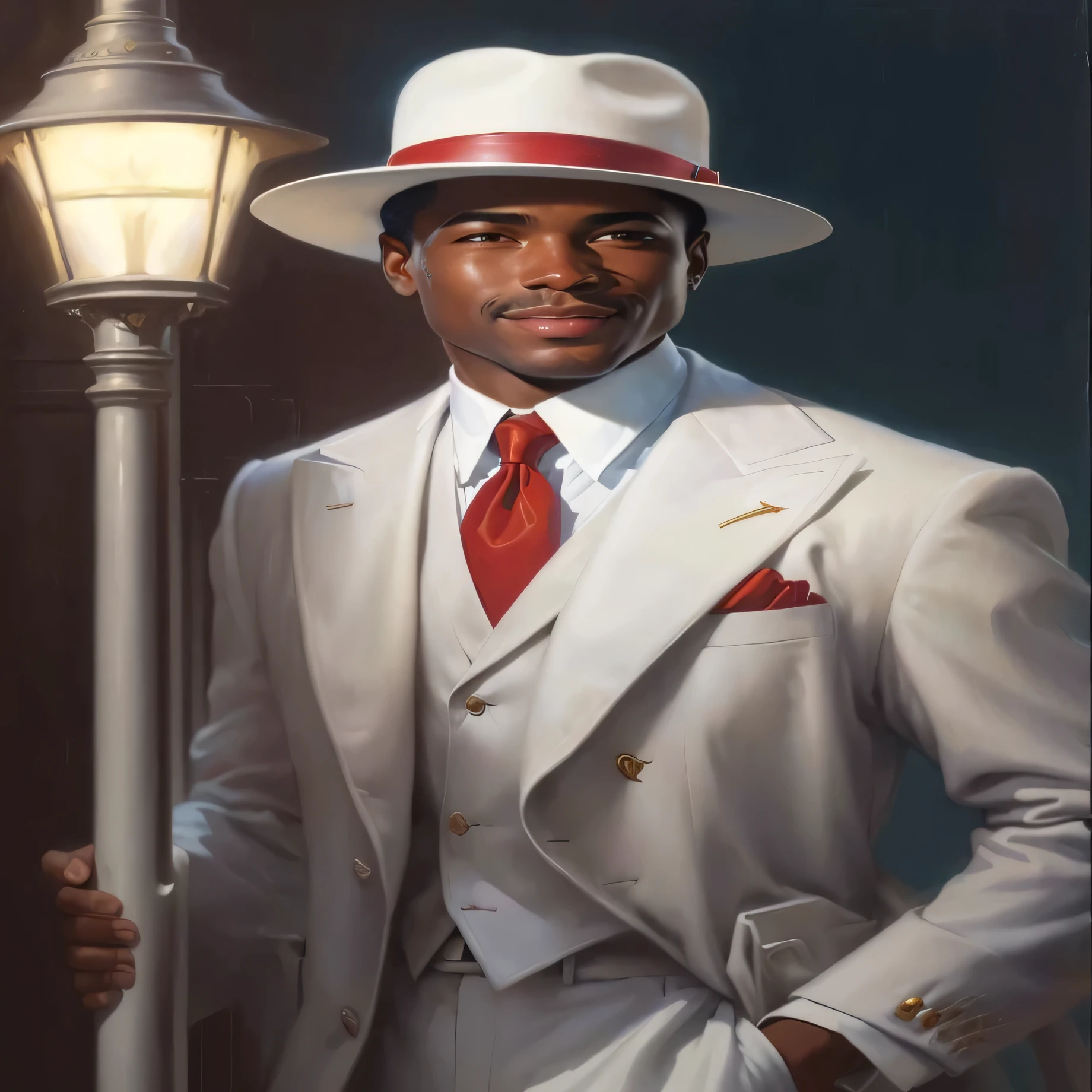 painting of a man in a white suit and red tie standing next to a lamppost, inspired by Kadir Nelson, by Kadir Nelson, inspired por Thomas Blackshear, a portrait of the character, white suit and hat, inspirado em Art Frahm, fantasy art smile smug man, artwork by Pedro Bell, mario robinson. oil on canvas, por Thomas Blackshear