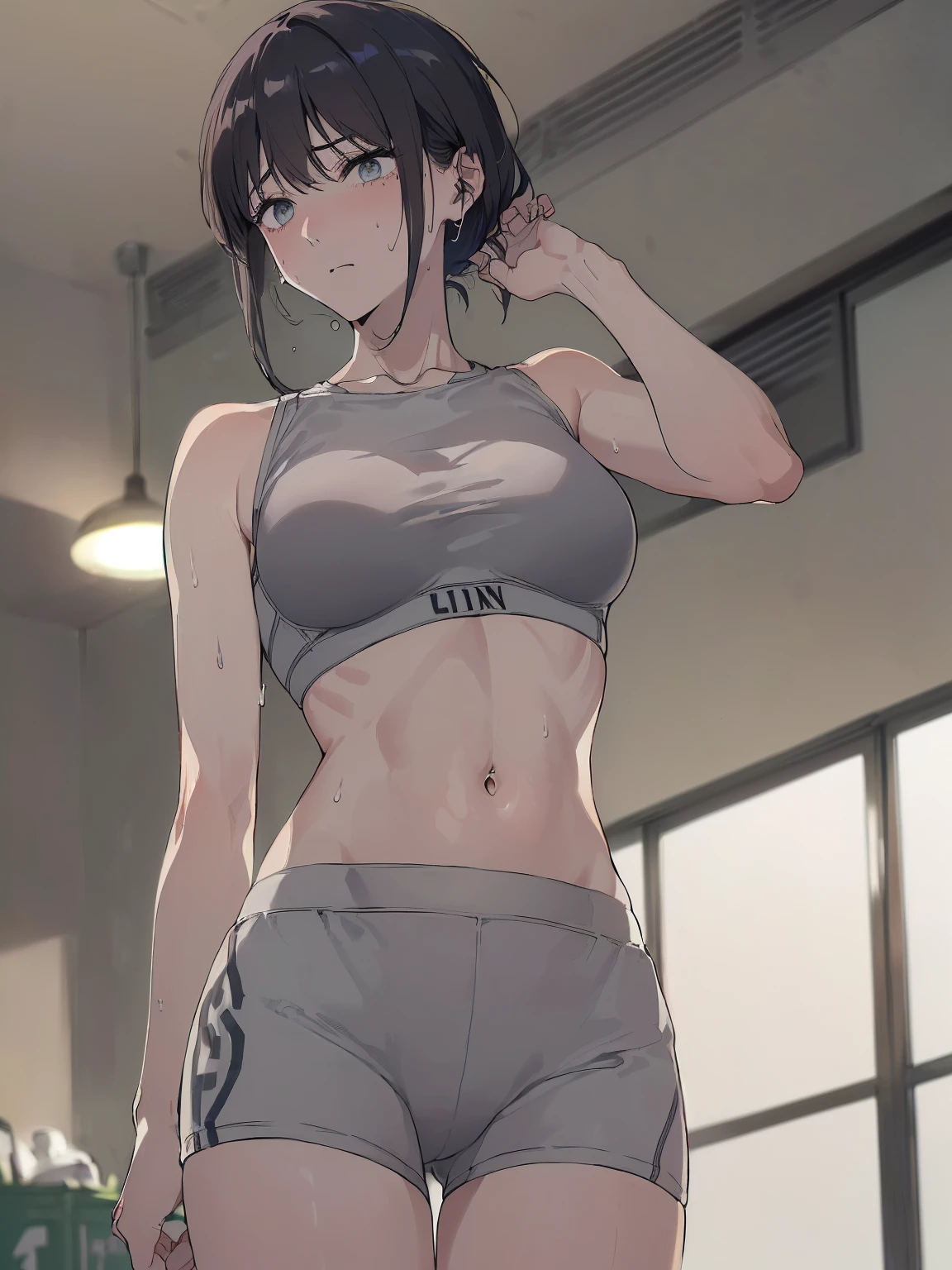 (Sweat, White skin:1.5、Light gray sports bra, ), cameltoe, Fitness, , ((ブラにSweat染み:1.5, Sweatで濡れている, Sweat染み, stain on grey sports bra:1.5)),Big Breasts, Sturdy body
