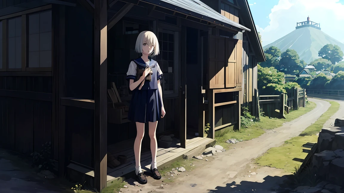 girl、alone,Temporarily stop, whole body, Sailor suit、Holding a handgun、Dim mountain road、Anime illustration