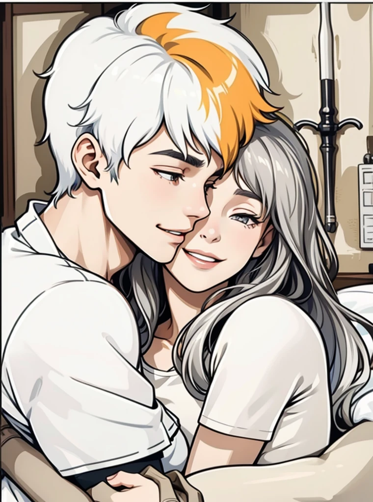 17 year old young man with gray hair and a girl who is his girlfriend, they are hugging and greeting each other, they are happy, smiling