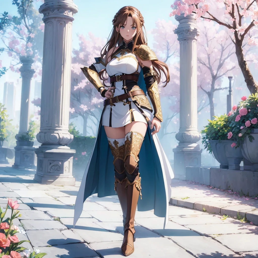 ((1girl, solo)), ((hand on hip)), standing, beautiful body, (perfect anatomy, perfect body, perfect hands, perfect legs), natural proportions, sexy body, large breasts, ((full body, full body front)) BREAK
((extremely detailed face)), (beautiful detailed eyes:1.6), (realistic pupils, realistic iris:1), expressive eyes, looking at viewer, (clear eyes:1.3), (hyperrealistic:1.2), (detailed skin texture:1.2), smooth skin, asuna yuuki, (brown hair:1.5), (brown eyes), long hair, braid, bangs, (detailed lips:1.3), (attractive lips:1.1), (glossy lips:1.1), perfect face, perfect eyes BREAK
mini dress, long sleeves, (shoulder armor:1.3), (arm guard:1.3), ((black thighhighs)), knee high boots, armored boots, thighs, zettai ryouiki, belt, cape BREAK
outdoors, day, (garden:1.5), (flower:1.3), (trees:1.3), (shade of trees:1.2), medieval BREAK
(masterpiece:1.5), anime-style, top quality, best quality, (beautiful and aesthetic:1.2), (ultra detail:1.5), Ultra-detailed depiction, Ultra-precise depiction, extremely detailed 8k illustration, high resolution, (highly detailed shading:1.2), (realistic lighting:1.4), perfect lighting, vibrant colors, dynamic tones, striking hues, 8k, absurd resolution, perfect shadows, hdr, UHD, ambient lighting, realistic, ultra-realistic, photo realistic, highly detailed, rich detail, luminous colors, fine texture, intricate design, professional illustration, (soft light:1.2), (illustration:0.7)