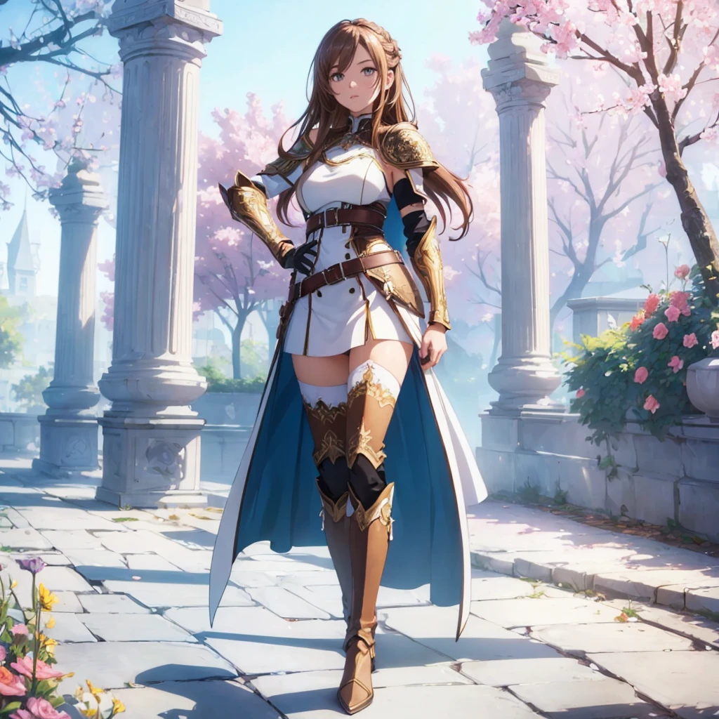 ((1girl, solo)), ((hand on hip)), standing, beautiful body, (perfect anatomy, perfect body, perfect hands, perfect legs), natural proportions, sexy body, large breasts, ((full body, full body front)) BREAK
((extremely detailed face)), (beautiful detailed eyes:1.6), (realistic pupils, realistic iris:1), expressive eyes, looking at viewer, (clear eyes:1.3), (hyperrealistic:1.2), (detailed skin texture:1.2), smooth skin, asuna yuuki, (brown hair:1.5), (brown eyes), long hair, braid, bangs, (detailed lips:1.3), (attractive lips:1.1), (glossy lips:1.1), perfect face, perfect eyes BREAK
mini dress, long sleeves, (shoulder armor:1.3), (arm guard:1.3), ((black thighhighs)), knee high boots, armored boots, thighs, zettai ryouiki, belt, cape BREAK
outdoors, day, (garden:1.5), (flower:1.3), (trees:1.3), (shade of trees:1.2), medieval BREAK
(masterpiece:1.5), anime-style, top quality, best quality, (beautiful and aesthetic:1.2), (ultra detail:1.5), Ultra-detailed depiction, Ultra-precise depiction, extremely detailed 8k illustration, high resolution, (highly detailed shading:1.2), (realistic lighting:1.4), perfect lighting, vibrant colors, dynamic tones, striking hues, 8k, absurd resolution, perfect shadows, hdr, UHD, ambient lighting, realistic, ultra-realistic, photo realistic, highly detailed, rich detail, luminous colors, fine texture, intricate design, professional illustration, (soft light:1.2), (illustration:0.7)