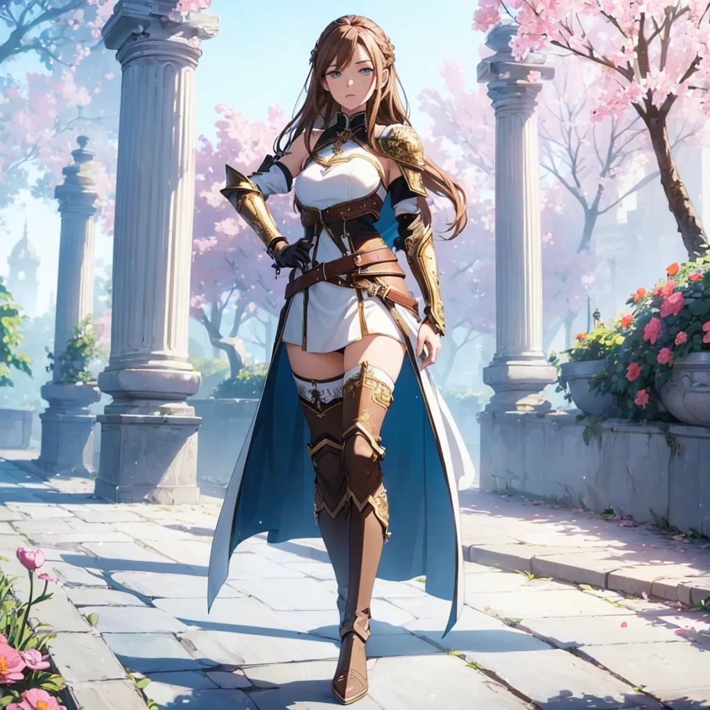 ((1girl, solo)), ((hand on hip)), standing, beautiful body, (perfect anatomy, perfect body, perfect hands, perfect legs), natural proportions, sexy body, large breasts, ((full body, full body front)) BREAK
((extremely detailed face)), (beautiful detailed eyes:1.6), (realistic pupils, realistic iris:1), expressive eyes, looking at viewer, (clear eyes:1.3), (hyperrealistic:1.2), (detailed skin texture:1.2), smooth skin, asuna yuuki, (brown hair:1.5), (brown eyes), long hair, braid, bangs, (detailed lips:1.3), (attractive lips:1.1), (glossy lips:1.1), perfect face, perfect eyes BREAK
mini dress, long sleeves, (shoulder armor:1.3), (arm guard:1.3), ((black thighhighs)), knee high boots, armored boots, thighs, zettai ryouiki, belt, cape BREAK
outdoors, day, (garden:1.5), (flower:1.3), (trees:1.3), (shade of trees:1.2), medieval BREAK
(masterpiece:1.5), anime-style, top quality, best quality, (beautiful and aesthetic:1.2), (ultra detail:1.5), Ultra-detailed depiction, Ultra-precise depiction, extremely detailed 8k illustration, high resolution, (highly detailed shading:1.2), (realistic lighting:1.4), perfect lighting, vibrant colors, dynamic tones, striking hues, 8k, absurd resolution, perfect shadows, hdr, UHD, ambient lighting, realistic, ultra-realistic, photo realistic, highly detailed, rich detail, luminous colors, fine texture, intricate design, professional illustration, (soft light:1.2), (illustration:0.7)