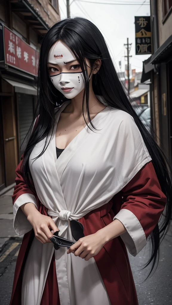 Create a realistic image of the Slit-Mouthed Woman (Kuchisake-onna). She has long black hair and is wearing a white mask, underneath which her terrifying slit mouth is hidden. The background should depict a dimly lit street corner or alley, creating a creepy atmosphere. She is wearing a red coat and holding a large pair of scissors. The overall image should convey a sense of horror.
