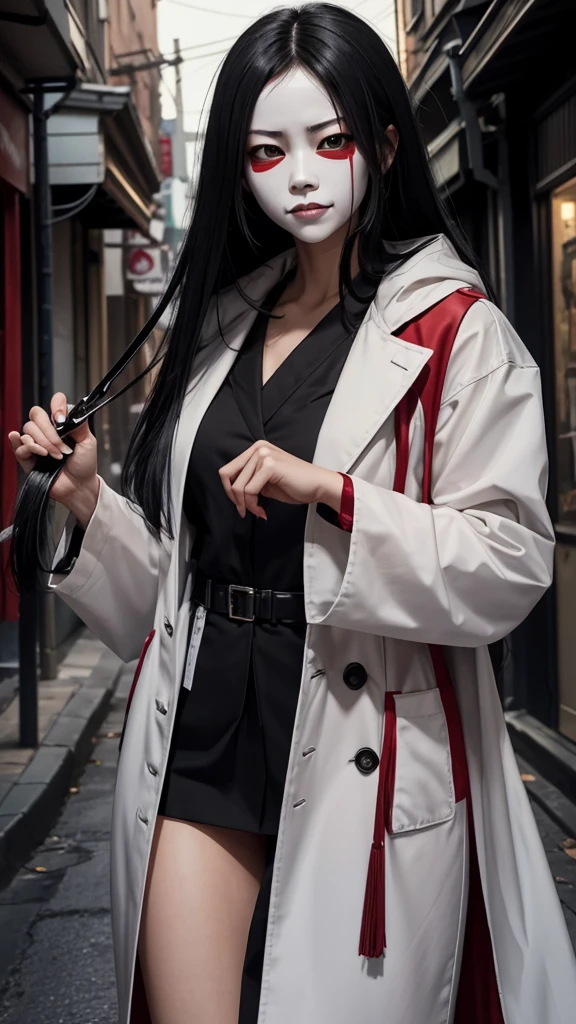 Create a realistic image of the Slit-Mouthed Woman (Kuchisake-onna). She has long black hair and is wearing a white mask, underneath which her terrifying slit mouth is hidden. The background should depict a dimly lit street corner or alley, creating a creepy atmosphere. She is wearing a red coat and holding a large pair of scissors. The overall image should convey a sense of horror.
